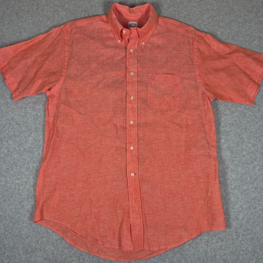Brooks Brothers Shirt Mens L Orange Irish Linen Short Sleeve Button Down
